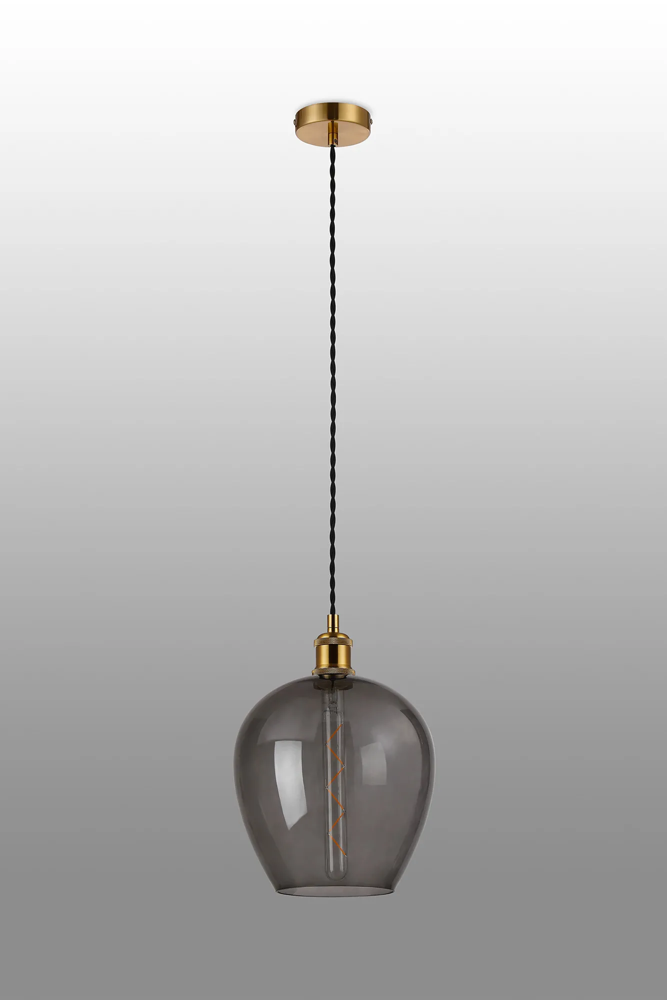 Cawdor Single Pendant, 1 Light E27, Gilt Bronze/Black/Smoke Wine Glass DK1110  Deco Cawdor